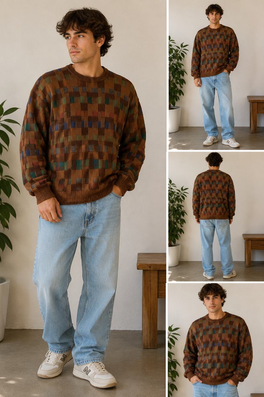 Lenor Romano 100% Extra Fine Merino Wool Sweater Uruguay Brown Geometric Knit M